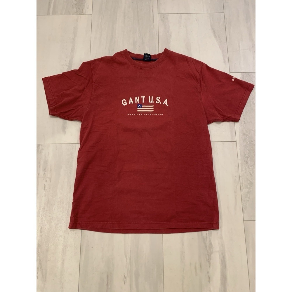 Vintage Gant Shirt Mens L Logo Burgundy  Cotton 90s (B425)